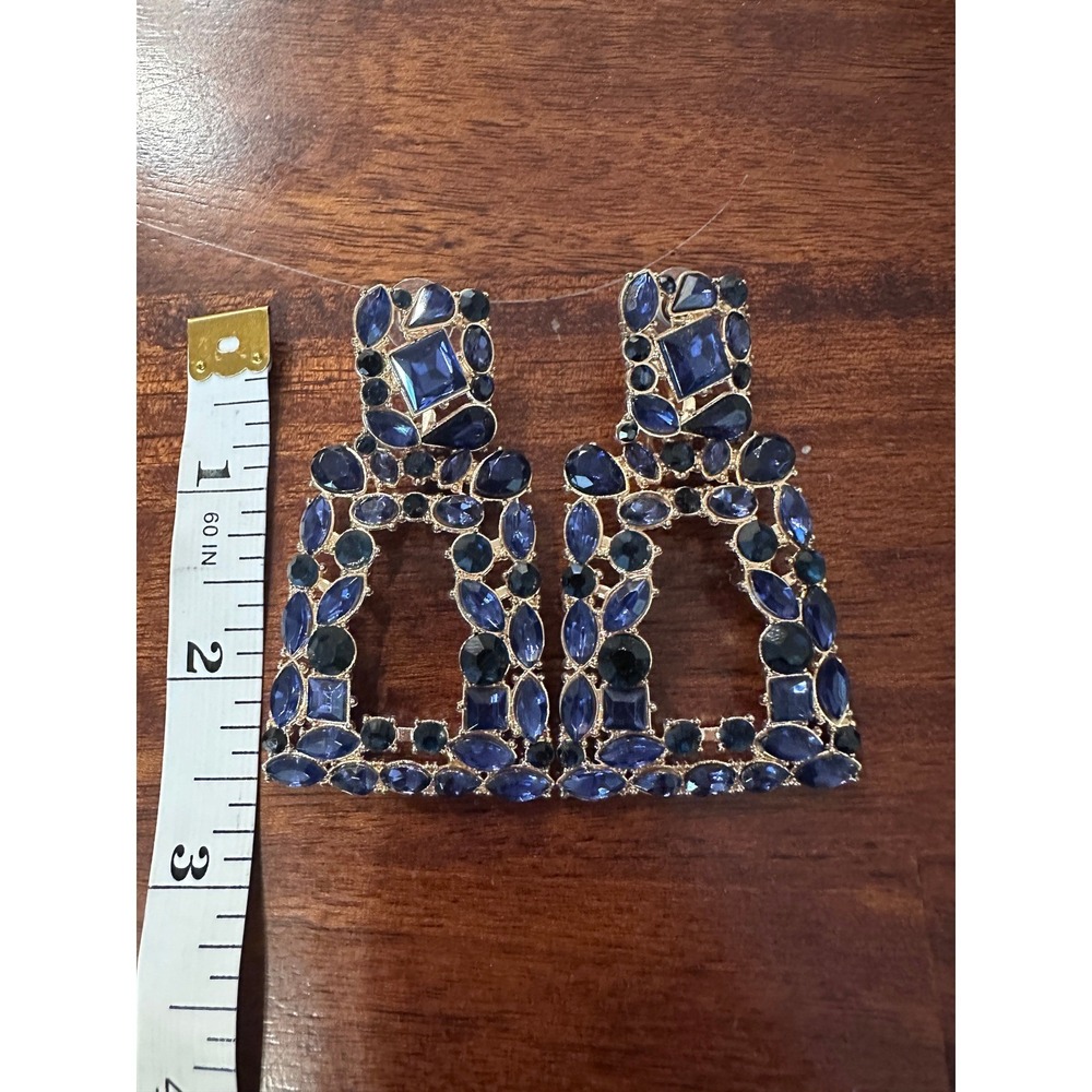 Statement Dangle Earrings Blue Rhinestone Geometric Party Cocktail Event